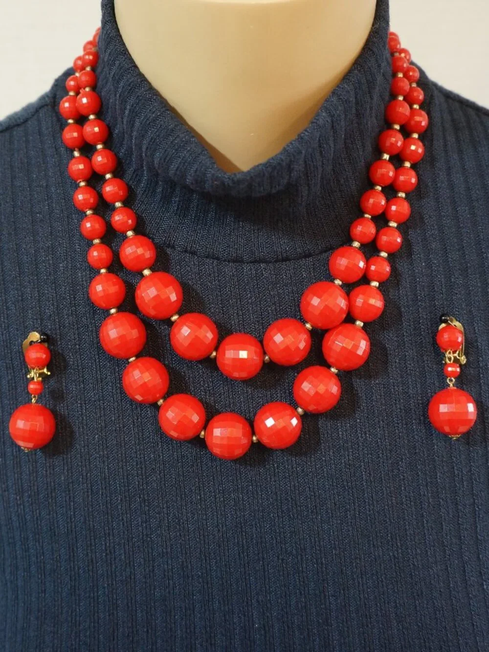 Vintage 1950s Signed Germany Red Faceted Bead Necklace & Clip On Earring Set
